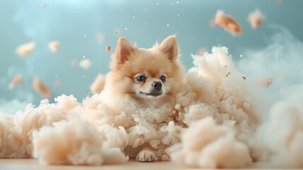 Dramatic Pomeranian puppy in a sparkling gold outfit emerging from smoke.