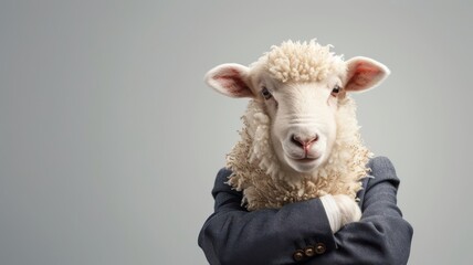 Close-up portrait of lamb in suit, showcasing intelligence and charm.