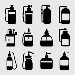 Fototapeta premium Minimalist Dispenser Collection: A minimalist depiction of diverse liquid dispenser bottles. Showcasing a range of designs.