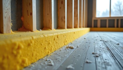 Yellow foam insulation fills gaps between wood studs and floor joists. Building construction site shows house frame and unfinished interior wall. Exterior window views winter landscape.