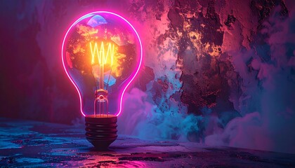 Glowing lightbulb with fiery internals against a textured background with dreamy smoke
