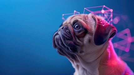 Close-up portrait of pug puppy bathed in neon light with abstract patterns.