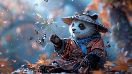 Whimsical panda performing magic trick with bamboo shoot.