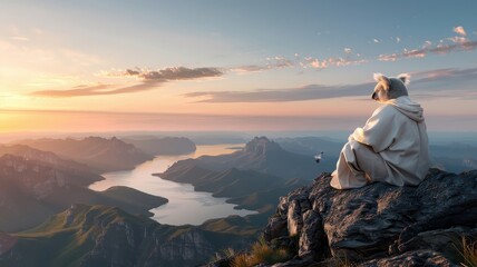 Dramatic koala in white suit overlooking ocean at sunset.