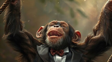Playful chimpanzee swinging through jungle in tuxedo.
