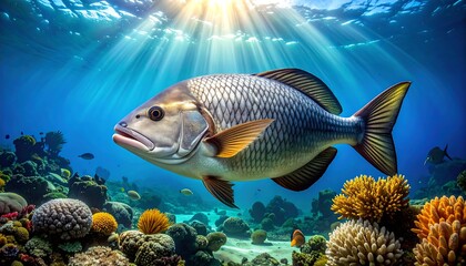 Fish swims near colorful coral reefs, sunbeams penetrate blue water. Underwater scene of nature with marine life