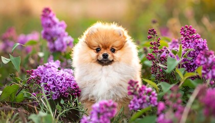 Fluffy puppy sits among lilac flowers in golden light