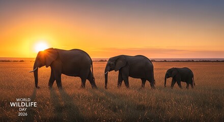 Family of Elephants Walking During Sunset: World Wildlife Day 2026 Celebration