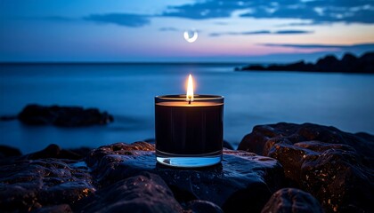 Candle glows on wet rocks by a sea at dusk, twilight colors in the sky, peaceful scene