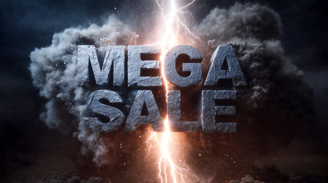 Lightning thunderstorm dramatic energy power shock sale mega promotion discount bold stone text split by lightning, explosive clouds, high contrast lighting, intense mood for retail banner