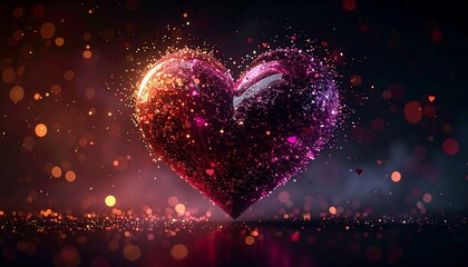 Glittering red heart amidst bokeh lights, sparkles, and romantic hues, reflecting love and dreamy atmosphere