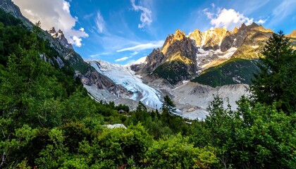 Glacier snakes through mountainous terrain beneath a striking blue, cloud-streaked sky, framed by verdant trees