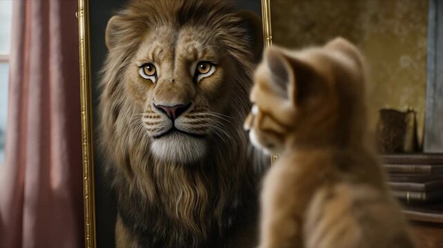 Lion Cub Gazing at Reflection in Mirror, Symbolizing Growth and Potential