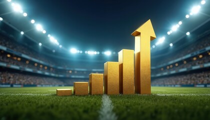 Gold bar chart with rising arrow on stadium field. Graph on green grass shows financial growth, business success. Concept of profit gain, investment increase, victory in competitive arena with crowd