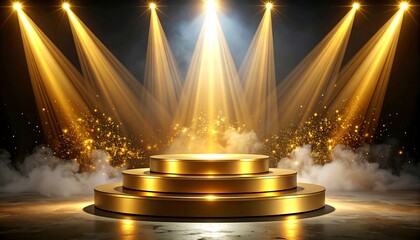 Golden tiered podium bathed in light, with shimmering gold dust and smoky atmosphere creating a stage-like appearance
