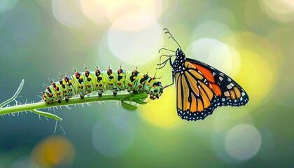 Caterpillar crawls near butterfly on stem, green bokeh. Brightness emphasizes the transformation, a vibrant spectacle