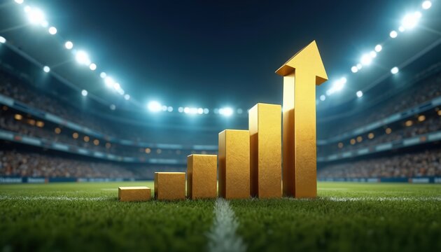 Gold bar chart with rising arrow on stadium field. Graph on green grass shows financial growth, business success. Concept of profit gain, investment increase, victory in competitive arena with crowd
