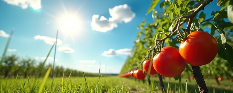 Ripe red tomatoes grow on vine plants in a sunny field under a blue sky with fluffy clouds. Green grass covers the ground of this agricultural farm. Healthy produce ripens in bright natural light.