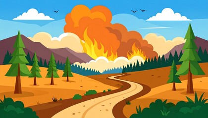 Illustration of a wildfire burning in a landscape with a road, mountains, trees, and cloudy blue sky above