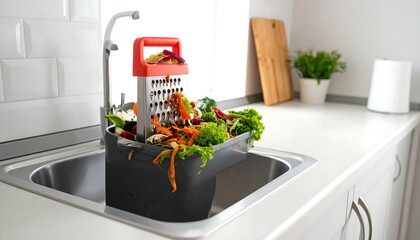 Kitchen sink filled with vegetable scraps, featuring a grater resting on top, in a bright kitchen setting