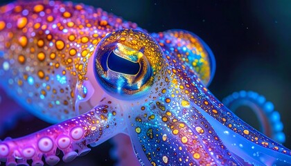Macro view of an octopus eye and tentacles, vibrant with neon colors and intricate details, set against dark background