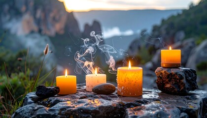 Lit candles on rock plateau overlook misty mountains at dusk. Golden glow reflects in stone surface