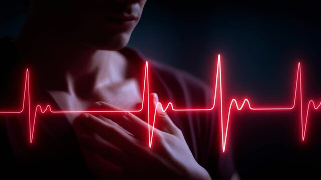 Emotional heartbeat concept with digital heartbeat line and human silhouette in dark setting