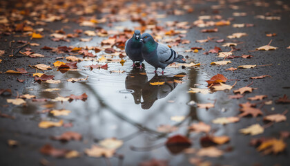 Two pigeons standing on wet pavement surrounded by autumn leaves  