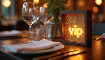 Luxurious restaurant table setting for VIP guests. Elegant decor with sparkling sign. Ready for exclusive dinner or private party celebration.