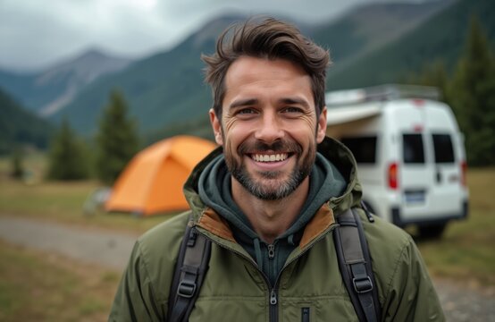 Man smiles outdoor at campsite with tent and camper van behind. He wears green jacket, carrying backpack for his journey. Ready for adventure in mountains with nature. - Powered by Adobe