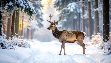Majestic deer stands tall in a snow-covered forest path, bathed in soft, winter sunlight through the trees