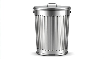 Metal trash can on a white background, with lid and vertical slot details, casting a slight shadow