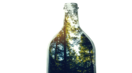 Glass Bottle & Forest Reflection: A transparent glass bottle gracefully frames a serene woodland scene, harmoniously blending nature and the vessel.