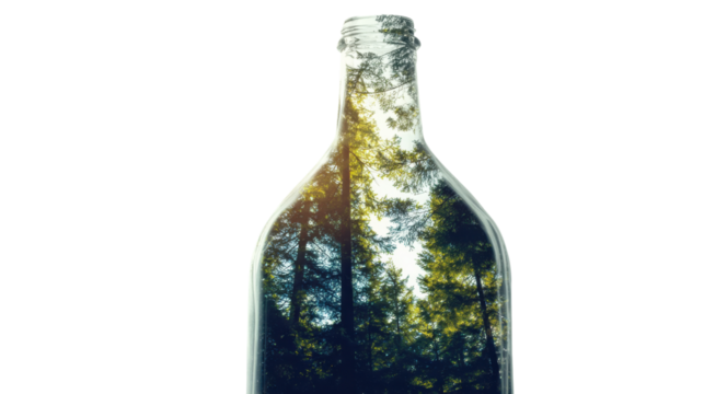 Glass Bottle & Forest Reflection: A transparent glass bottle gracefully frames a serene woodland scene, harmoniously blending nature and the vessel.
