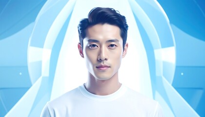 Man's face framed by a radiant, pale blue geometric backdrop, giving a sense of futuristic cleanliness