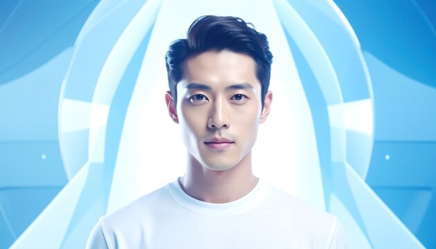 Man's face framed by a radiant, pale blue geometric backdrop, giving a sense of futuristic cleanliness