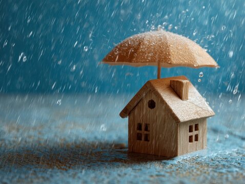 Vibrant photo of wooden house model under an umbrella in the rain, home insurance concept