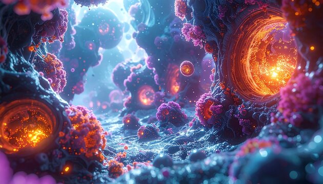 Colorful, surreal microscopic landscape with glowing orbs, intricate details, and a blue-toned backdrop