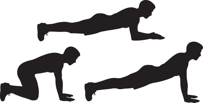 Man doing plank and push up exercise silhouette set
