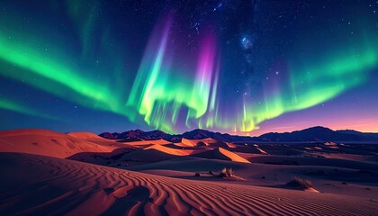 Desert dunes beneath vibrant aurora borealis, painting the night sky in greens, purples, and blues, stars twinkling