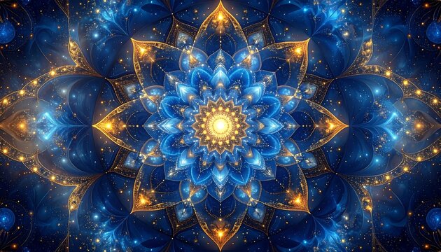Ornate floral pattern with radiant blues and golds, reminiscent of a kaleidoscope or mandala effect