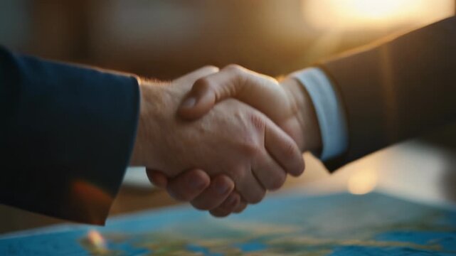 Close-up of a successful business handshake at sunset over a world map