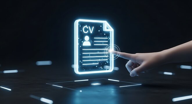 Futuristic job application concept with glowing CV interface and hand interaction for recruitment solutions and innovative HR tech, career advancement