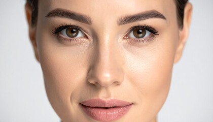 Fototapeta premium Close-up portrait of a woman with a subtle smile, soft lighting, and fair complexion on a neutral background