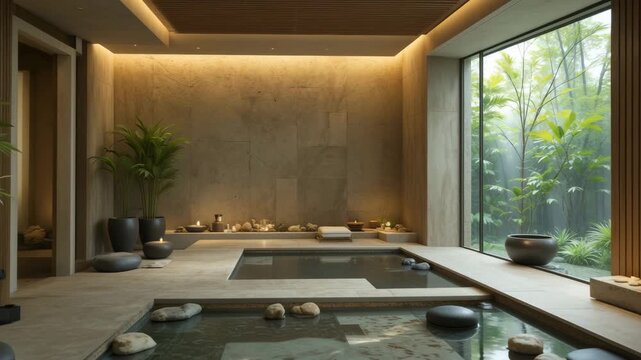 Modern luxury hotel living room interior design with fireplace, stone and water - Powered by Adobe