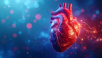 Detailed, vibrant, red & purple heart with exposed veins set against a bokeh-filled blue & pink background