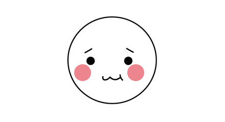 Fototapeta premium A simple, round, white cartoon face with black eyes, a wavy mouth, and pink blush on its cheeks, expressing shyness or embarrassment.