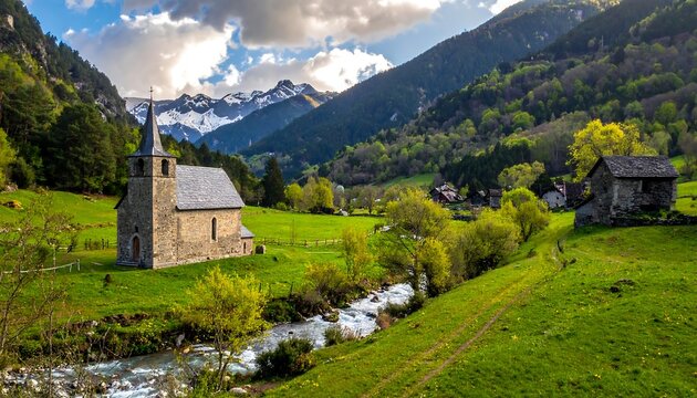Pastoral scene A stone church amidst vibrant green hills, a babbling brook, and snow-capped mountain peaks in the distance