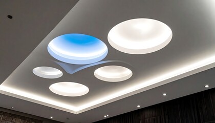 Recessed, circular ceiling lights, one with blue hue, set in a modern white ceiling with cove lighting