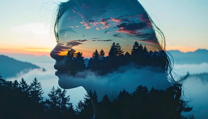 Double exposure woman's profile blended with a landscape of mountains, forest, and a dramatic sunset sky